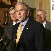 President Bush makes remarks to the press on Capitol Hill in Washington after a a href=