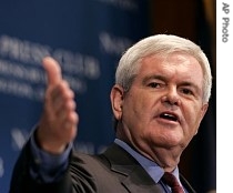 Former House Speaker Newt Gingrich gestures during his address before a a href=
