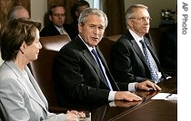 President Bush meets at the White House with Nancy Pelosi (l) and a href=