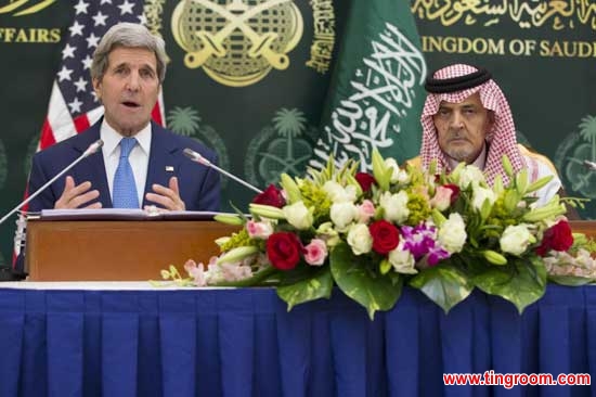 .S. Secretary of State John Kerry, left, gestures during a news conference with Saudi Foreign Minister Saud a href=