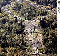 A picture from a helicopter shows a section of the 800 kms of underground pipelines under construction for Sakhalin Energy on the island of Sakhalin (File photo)