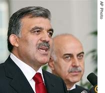 Turkish FM Abdullah Gul speaks to the media after his meeting with the MHP leader Devlet Bahceli in Ankara, 14 Aug 2007