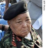 General Bo Mya sitting in his wheelchair during celebrations marking 57th anniversary of army's rebellion against Myanmar a href=