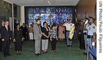 UN Secretary-General Ban Ki-moon (l) and staff in New York, 17 Aug 2007, a href=