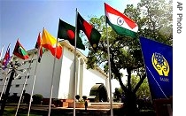 <br />Flags of participating SAARC countries are seen outside the Vigyan Bhavan, the a href=