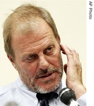 Daniele Mastrogiacomo listens to a journalist's question during a press conference at the newspaper headquarters in Rome, 21 a href=