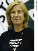 US peace activist Cindy Sheehan holds a href=
