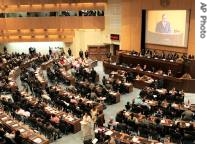 UN Secretary General Ban Ki-moon is projected onto a screen as he addresses dignitaries, in Addis Ababa, 29 Jan 2007