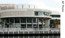 A security fence surrounds the Darling Harbor Convention Center, the a href=