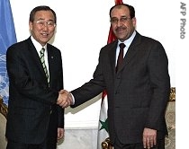 Iraqi Prime Minister Nuri al-Maliki (r) shakes hands with UN Secretary General Ban Ki-moon ahead of their meeting in Baghdad, 22 a href=