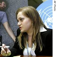 Nelly Ghusayni, Chairperson for Youth Assembly for Road Safety, speaks about first UN Global Road Safety Week, at European headquarters of UN in Geneva, 23 Apr 2007 